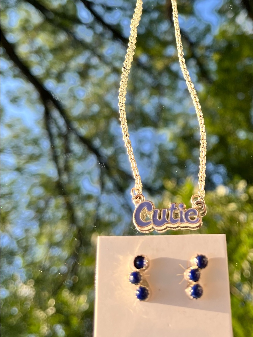"Cutie" Pendant Necklace with Blue Stone Earrings